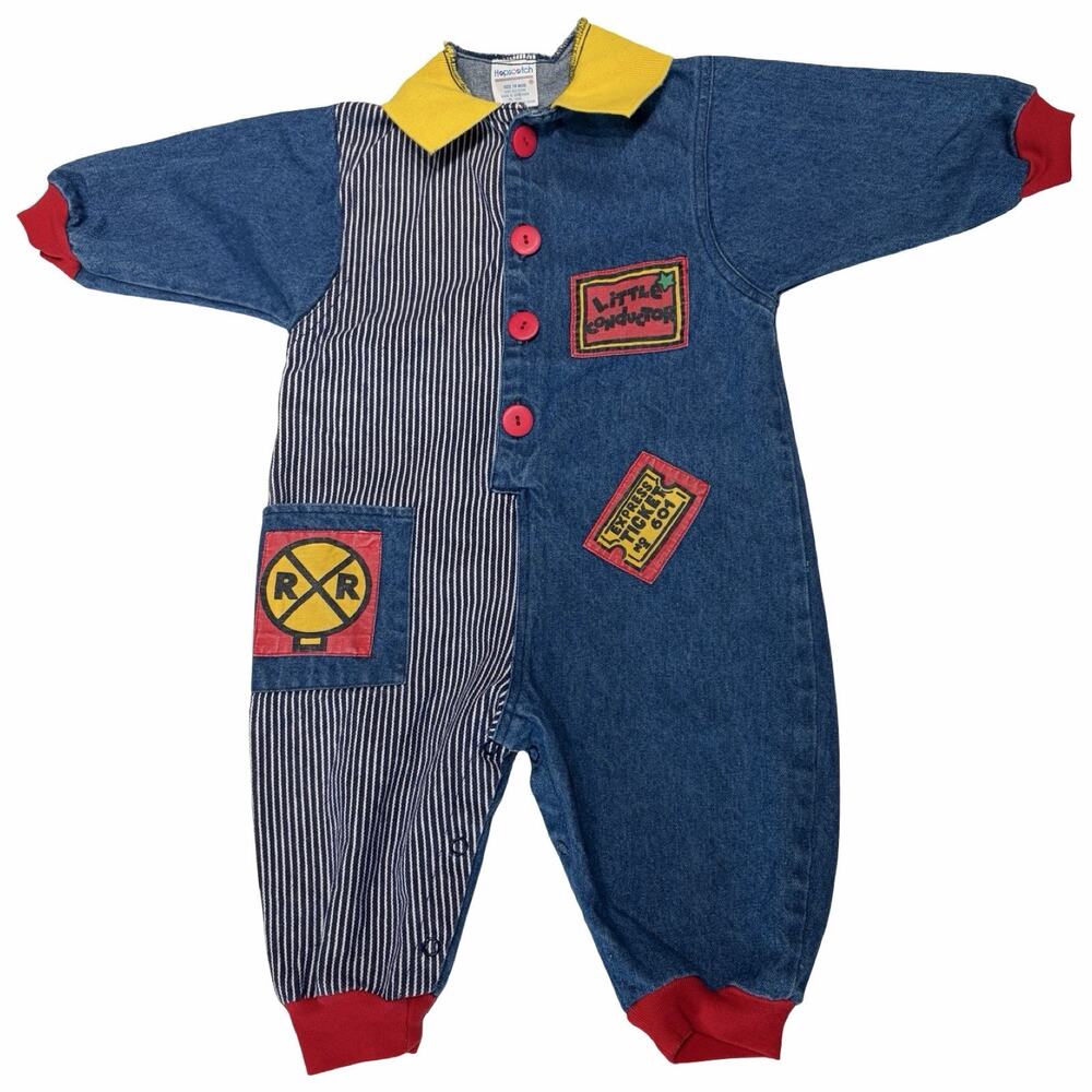 Vintage Hopscotch Little Conductor Denim Romper 18M Train Railroad Baby Outfit